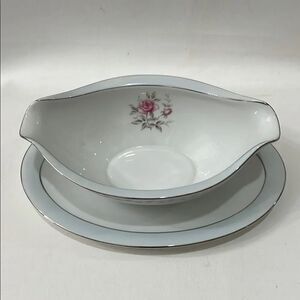 Regency White Blue Silver Floral Pink Rose Serveware Gravy Boat Attached Saucer